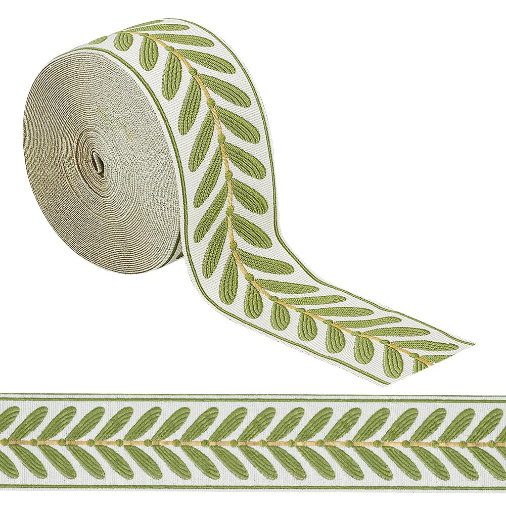 OLYCRAFT 10.9Yards Jacquard Ribbon Trim 2.4 Inch Leaf Pattern Jacquard Polyester Ribbons White Gr... | Amazon (US)