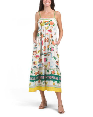 Linen Blend Tropical Border Print Maxi Dress For Women | TJ Maxx
