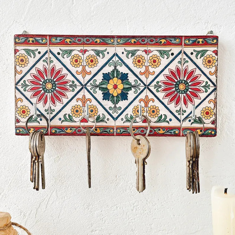 Key Holder for Wall \u2013 Colorful Mediterranean Rustic Wall Decor \u2013 Small Wooden Organizer... | Etsy (Global)