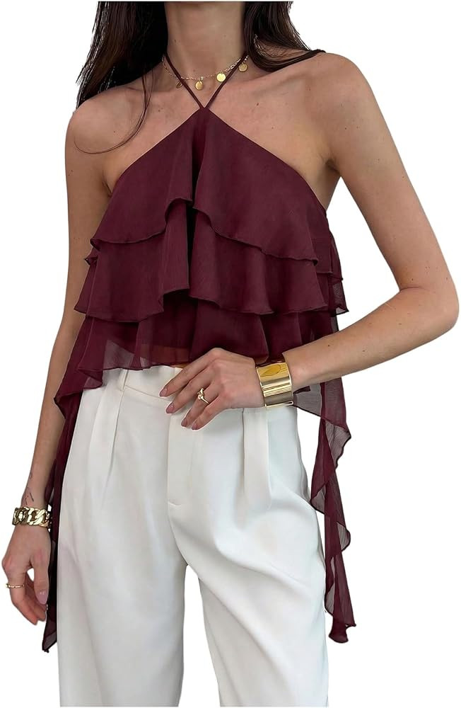 MakeMeChic Women's Ruffle Halter Tank Top Cute Flowy Y2k Going Out Tops | Amazon (US)