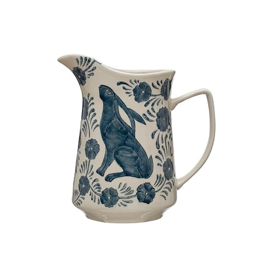 Creative Co-Op Stoneware Pitcher with Painted Rabbit and Florals, Blue and Cream | Amazon (US)
