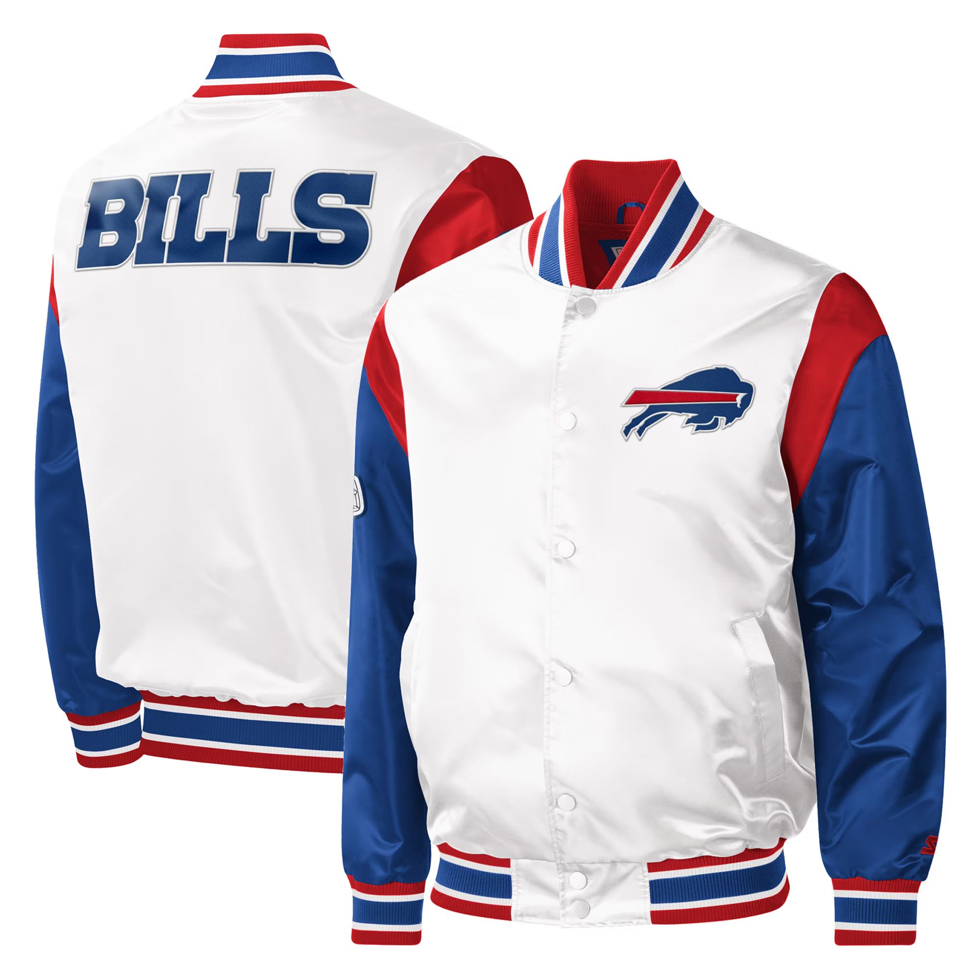 Men's Buffalo Bills Starter White Throwback Warm Up Pitch Satin Full-Snap Varsity Jacket | NFL Shop