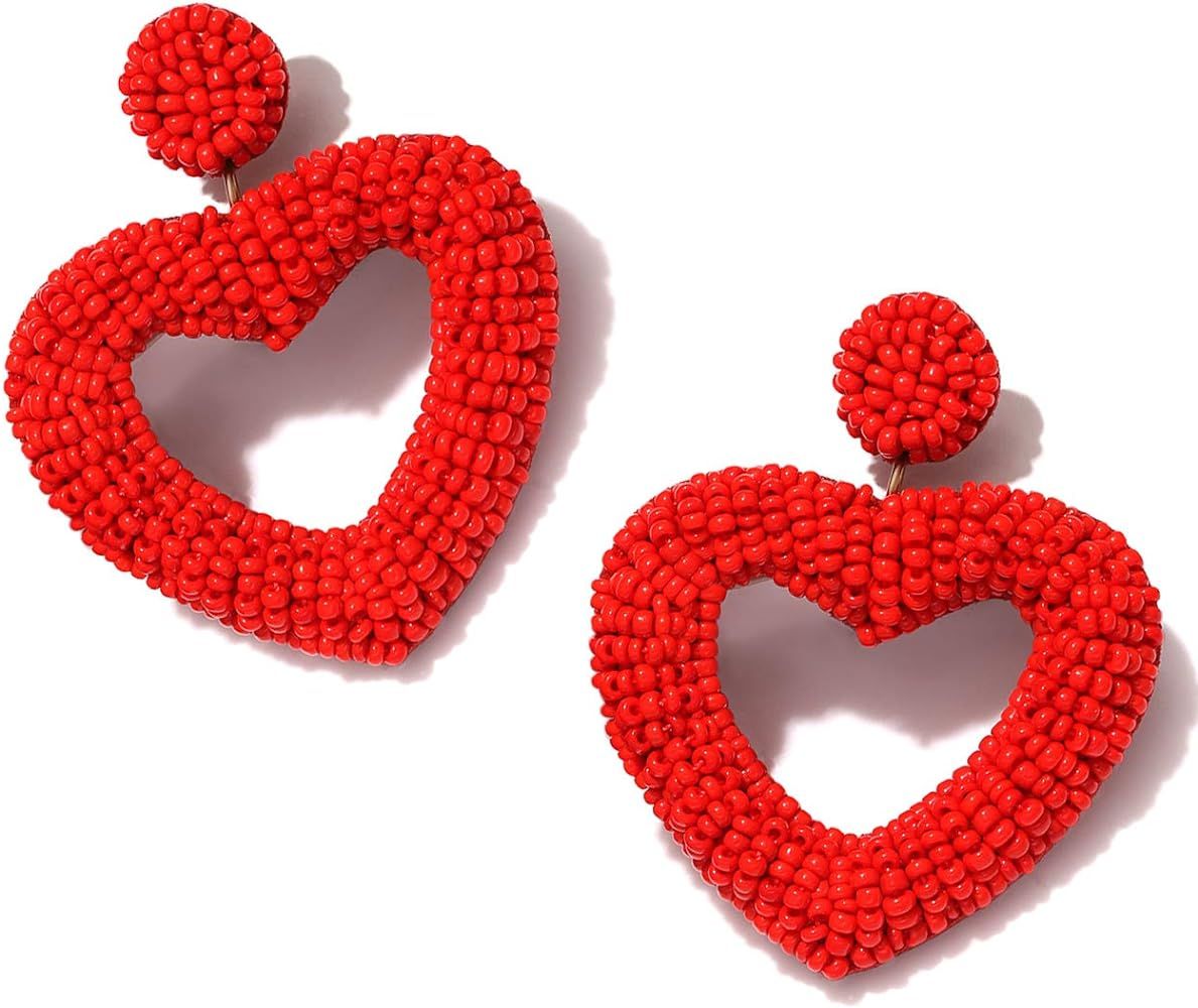 XOCARTIGE Beaded Drop Earrings for Women Seed Bead Heart Dangle Earrings Handmade Beaded Earring ... | Amazon (US)