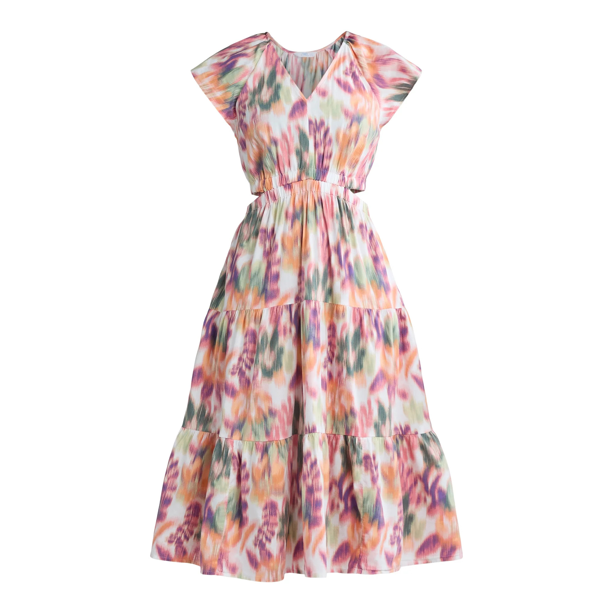 Time and Tru Women's Cut Out Midi Dress with Flutter Sleeves, Sizes XS-XXXL | Walmart (US)