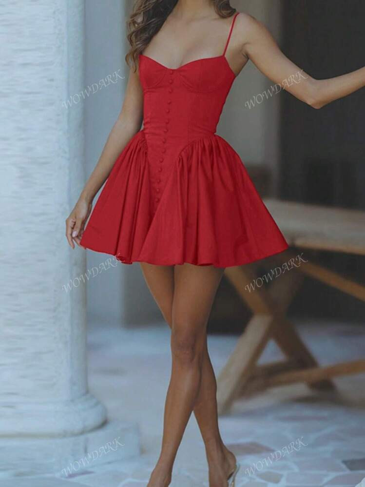 WOWDARK Women's Autumn Button Decor Slip A-Line Dress | SHEIN