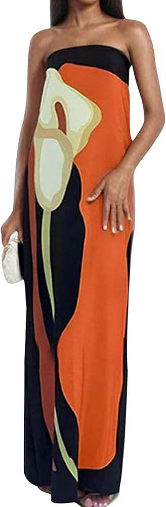 Zwirelz Women Strapless Maxi Dress Boho Floral Print Flowy Long Tube Dress Off Shoulder Loose Bea... | Amazon (US)