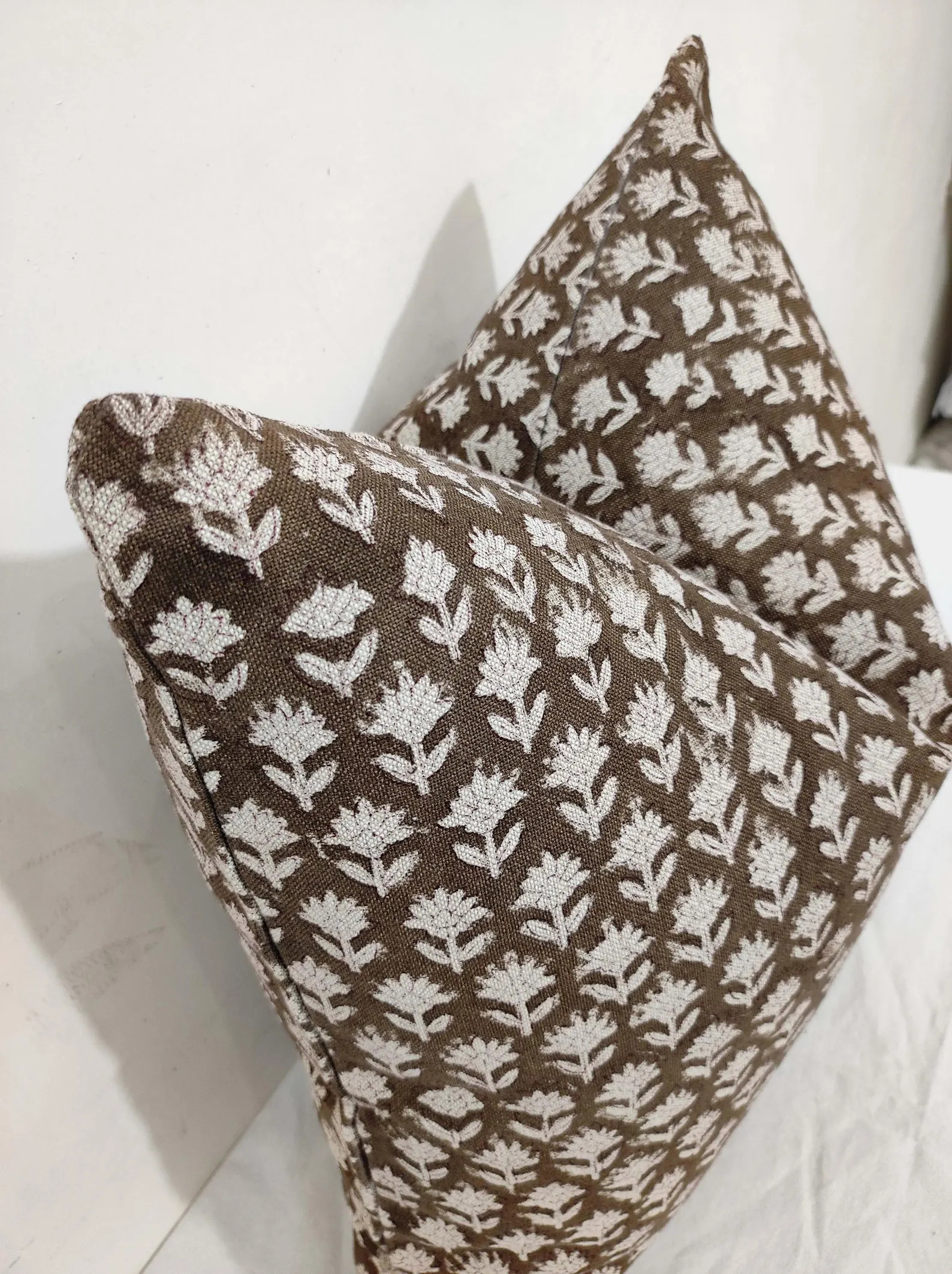 Floral Block Print Pillow Cover: Brown Cotton Farmhouse Decor - Etsy | Etsy (Global)