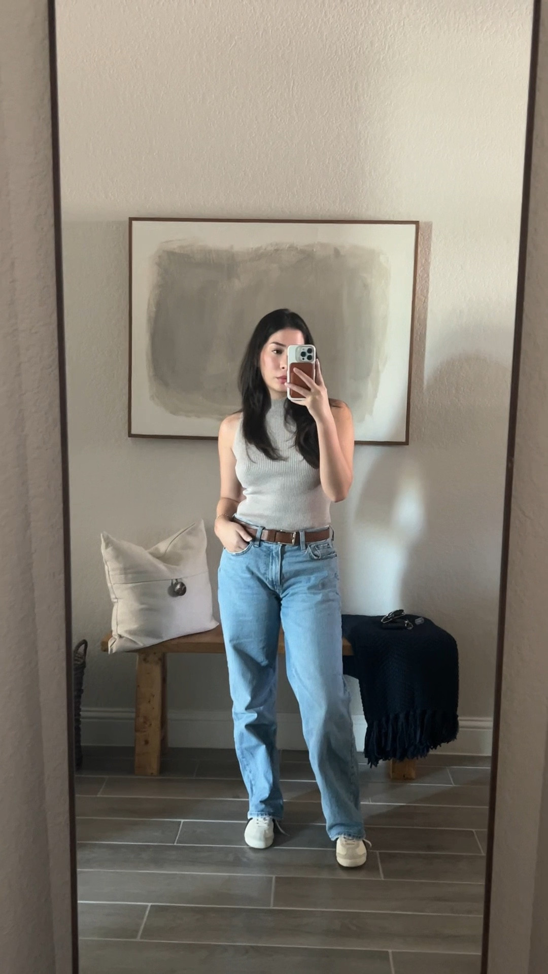 An easy fall outfit. Wide leg jeans, and a belt are all you need 