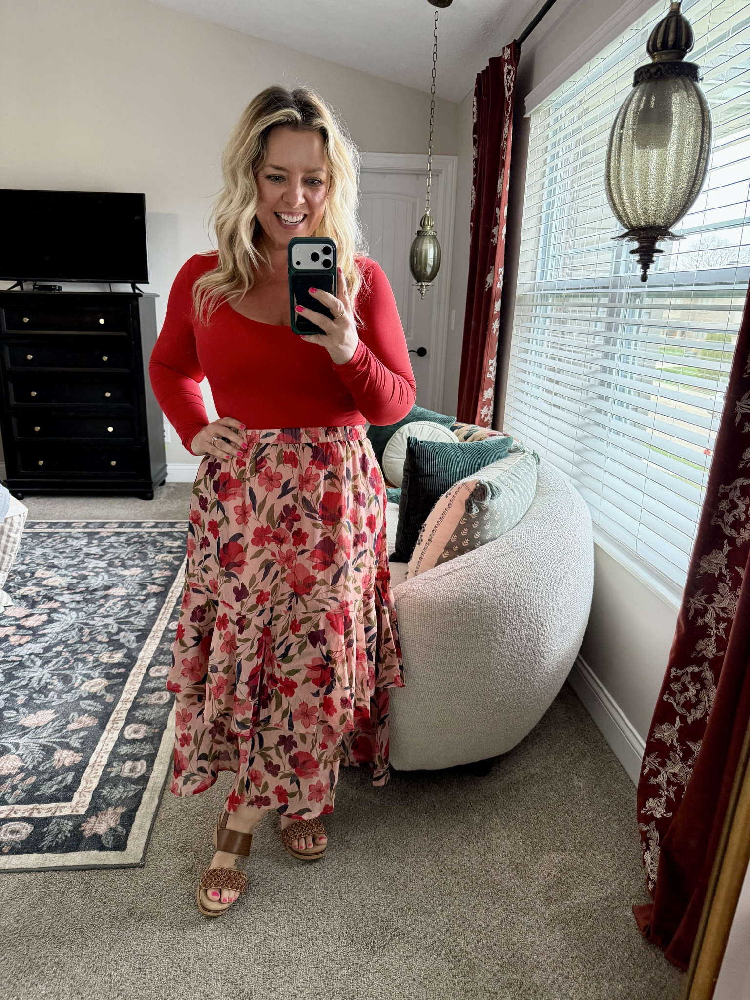 The whole look is Amazon! cutest floral ruffle maxi skirt & my fav double lined shirts that feel like Skims + the most comfy wedge sandals! Wearing my true size lg in all & I’m 5’2” so the skirt is petite friendly too!

#LTKMidsize #LTKOver40 #LTKPetite
