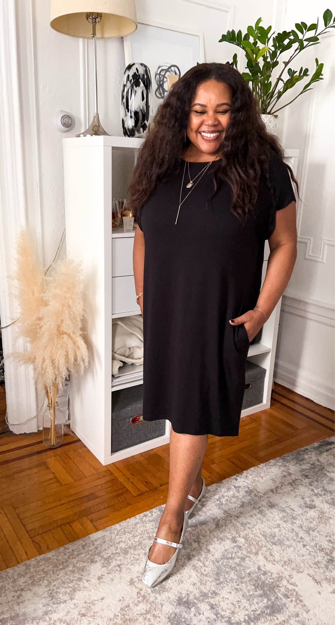 Little black dress, jersey dress, silver ballet flats, mary jane flats, fall dresses, universal standard #ltkstyletip #ltkholiday #ltkbump 

#LTKOver40 #LTKSeasonal #LTKMidsize