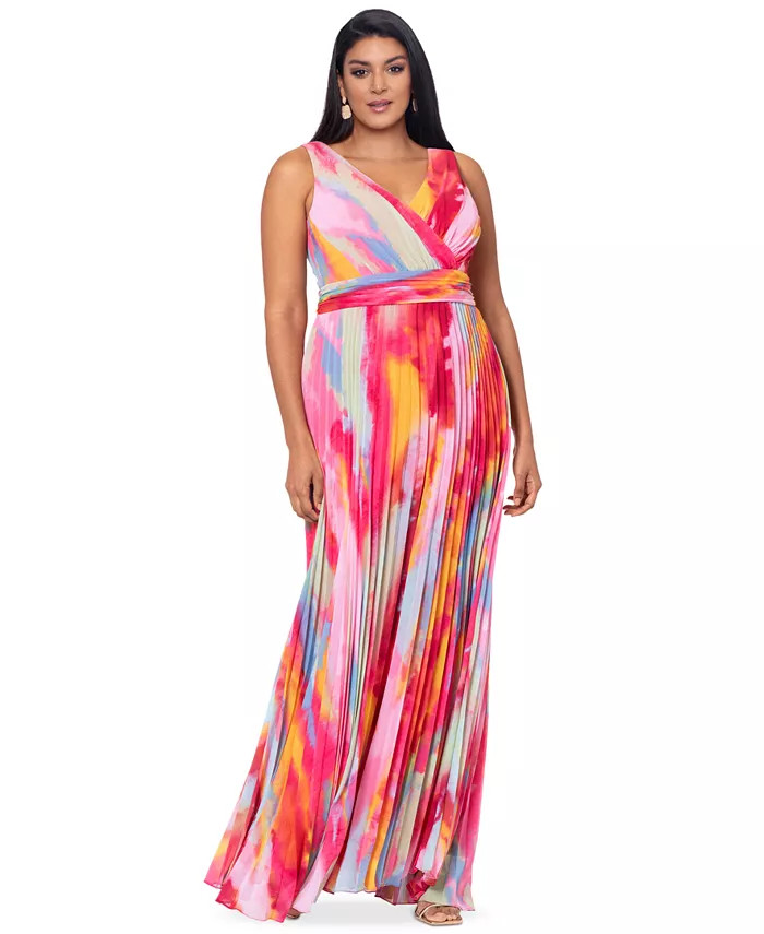 XSCAPE Plus Size Printed V-Neck Ruched-Waist Pleated Gown - Macy's | Macy's