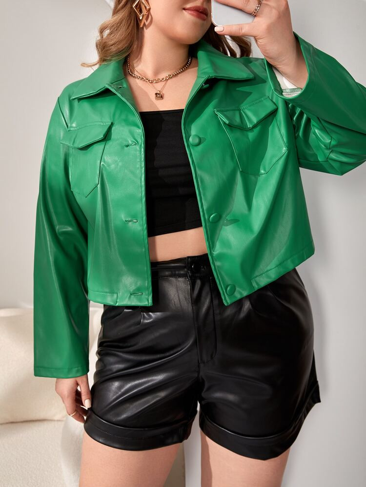 Plus Flap Pocket PU Leather Jacket | SHEIN
