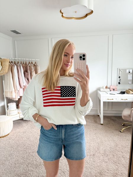How pretty is this Target American Flag sweater for Memorial Day or 4th of July?! I have it paired with my Madewell denim shorts. The sweater is size large for an over-sized fit. Summer outfits // summer sweaters // denim shorts // Madewell shorts // Memorial Day outfits // 4th of July outfits // Target finds 

#LTKStyleTip #LTKSeasonal #LTKFindsUnder50