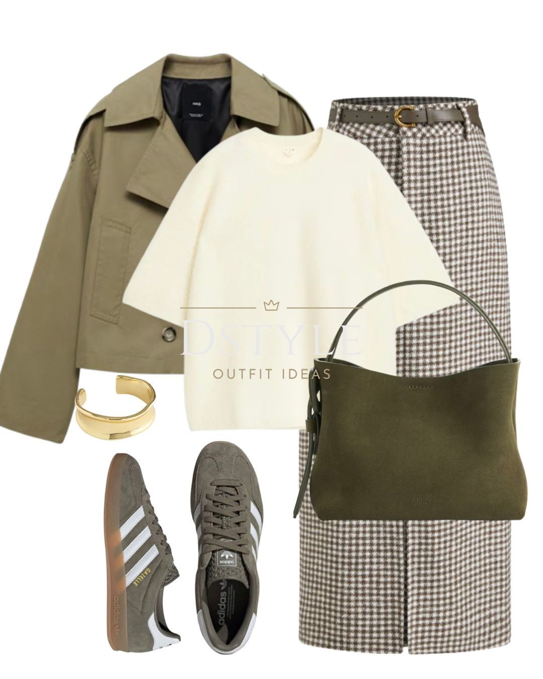 Khaki cropped trench coat, off-white alpaca wool-blend sweater tee, short-sleeved top, brown houndstooth maxi skirt with belt, khaki green sude bag, olive Adidas Gazelle Indoor sneakers 

 

#LTKStyleTip #LTKWorkwear #LTKShoeCrush