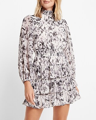 Printed Mock Neck Long Sleeve Tiered Ruffle Dress | Express