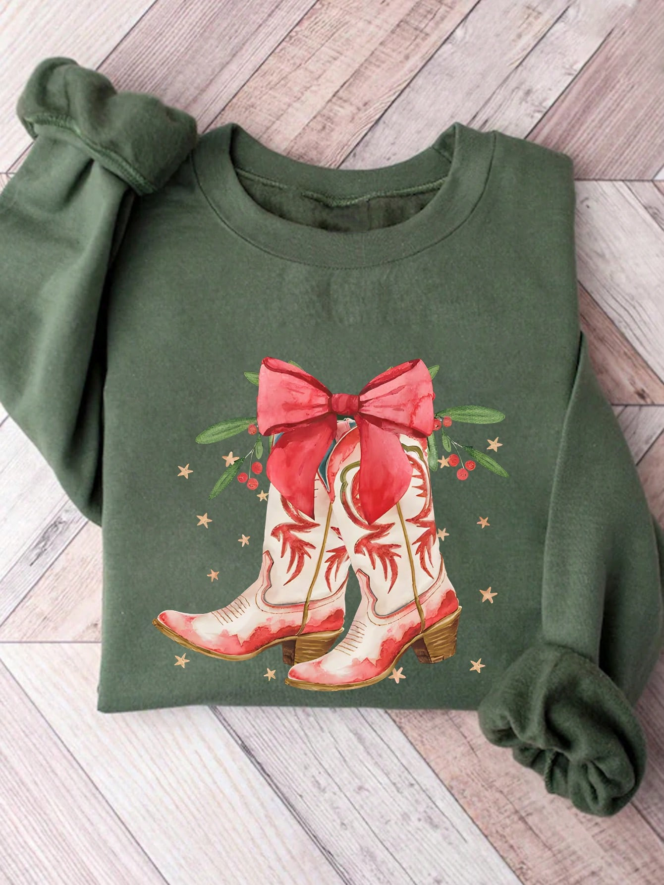 SHEIN EZwear Western Style Christmas Vintage Cowboy Boots, Contrast Bow Pattern Women Cowgirl Chr... | SHEIN