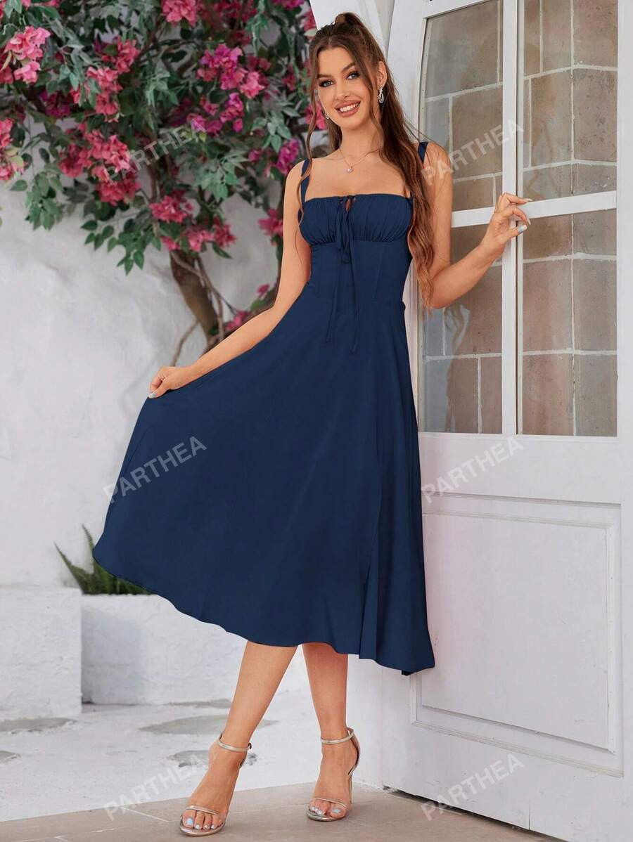 PARTHEA Elegante vestido cami de verano con corsé con cordones, unicolor, sin espalda, fruncido ... | SHEIN