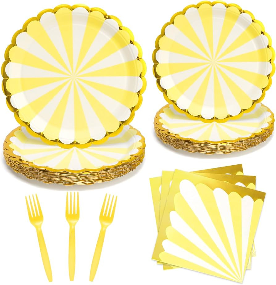 96PCS Yellow Party Paper Plates with Gold Scalloped Edge, Yellow Scalloped 9inch 7inch Dessert Pa... | Amazon (US)