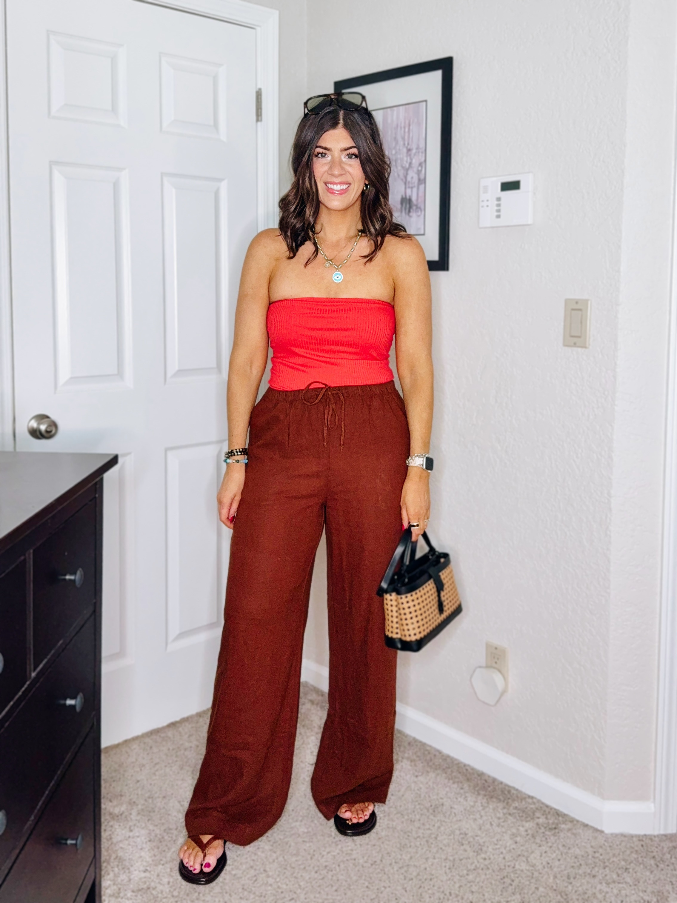 In a medium tube top and medium tall linen pant 

#LTKMidsize #LTKFindsUnder50 #LTKOver40