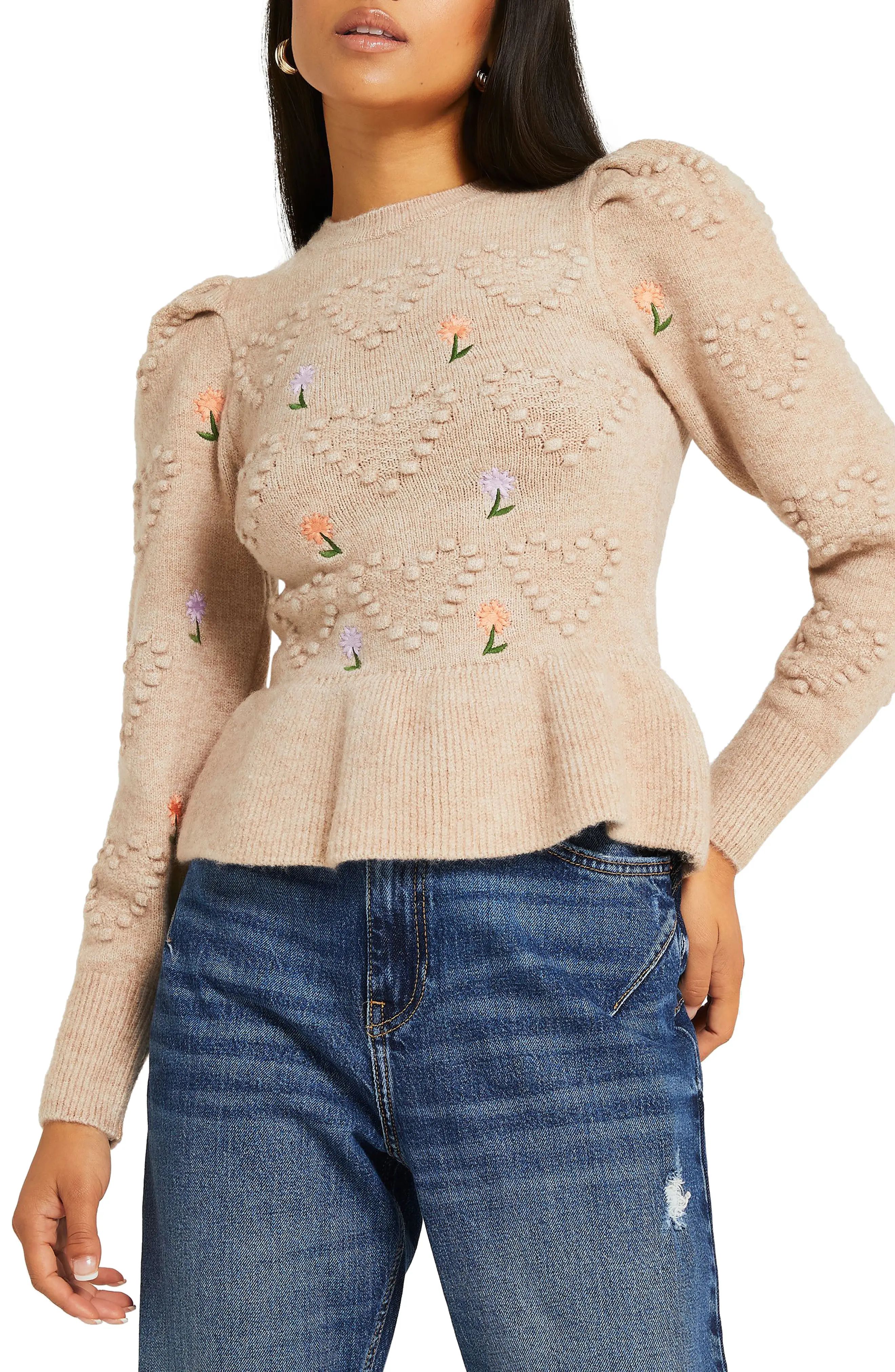 River Island Embroidered Peplum Sweater, Size 2 Us in Beige at Nordstrom | Nordstrom