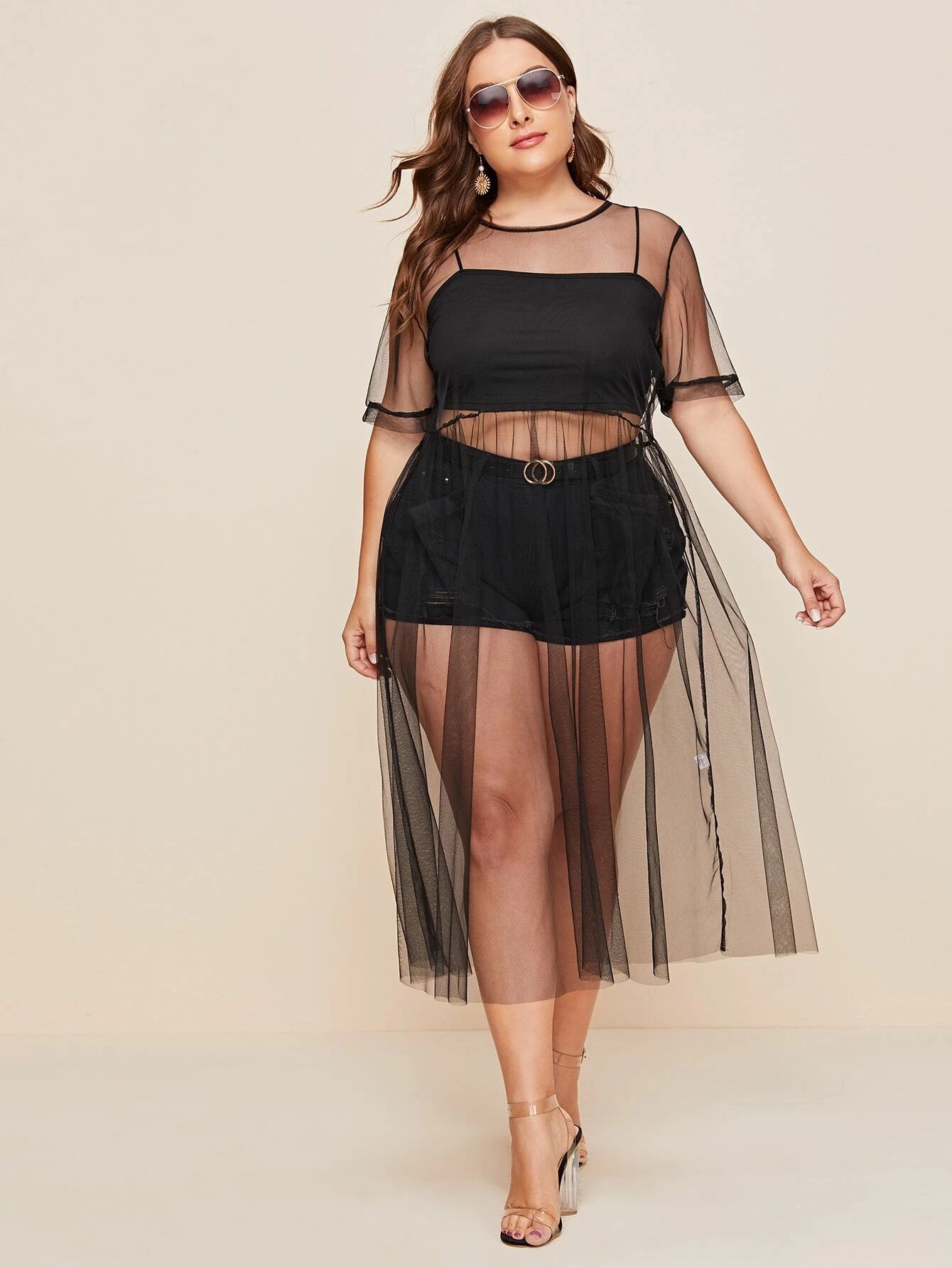 Plus Solid Sheer Mesh Dress | SHEIN