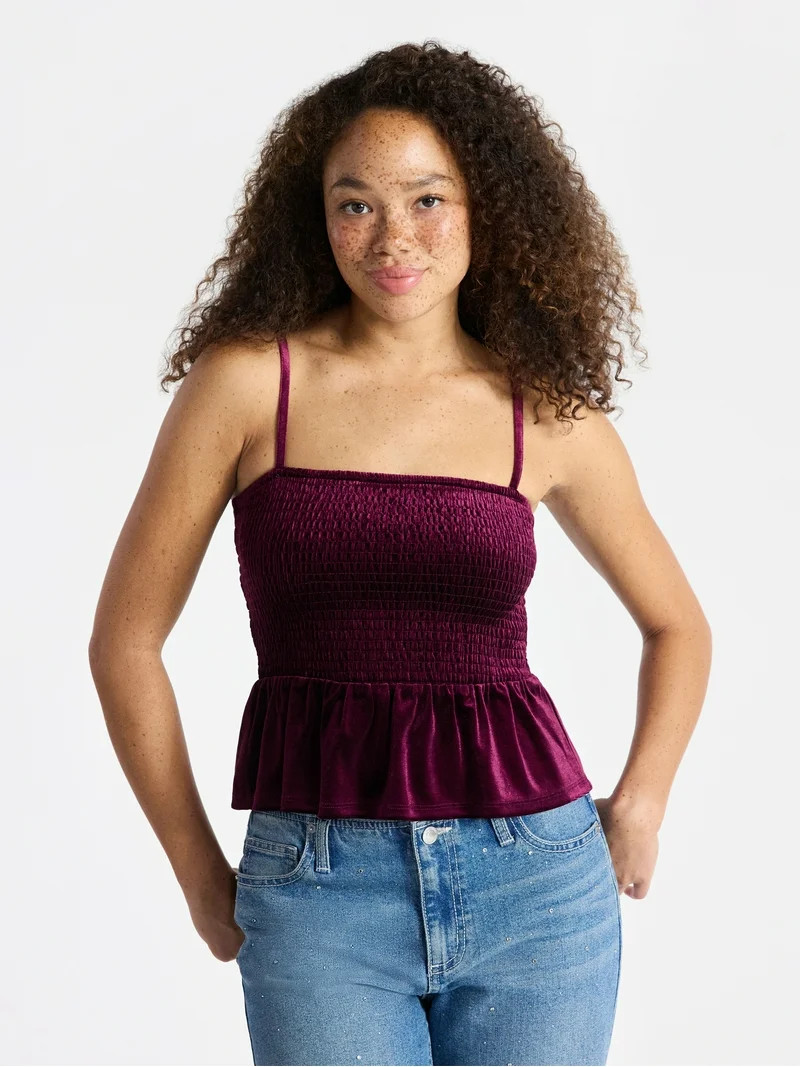 No Boundaries Velvet Smocked Peplum Cami, Women's | Walmart (US)