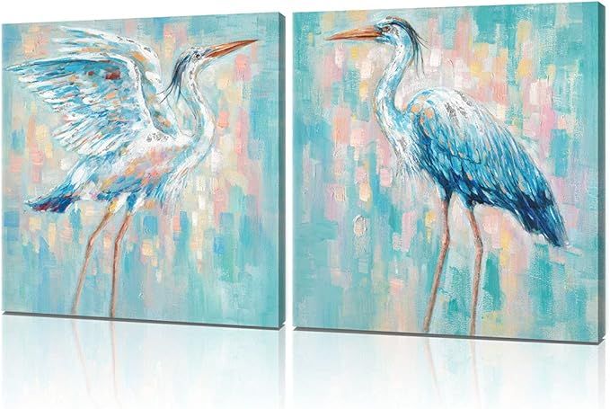 B BLINGBLING Beach Heron Canvas Wall Art Blue Home Decor, Sea Bird Print Pictures Wall Decoration... | Amazon (US)