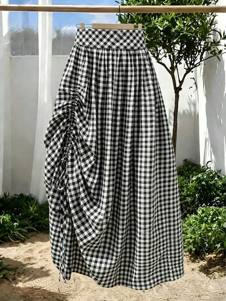 Solstice Apparel Plaid Print Drawstring Ruched Balloon Skirt, High Waist Loose Fit Midi Skirt, Vi... | SHEIN