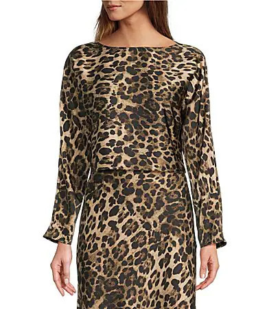 Antonio Melani Blyss Leopard Print Satin Boat Neck Long Sleeve Coordinating Blouse -  S | Dillard's