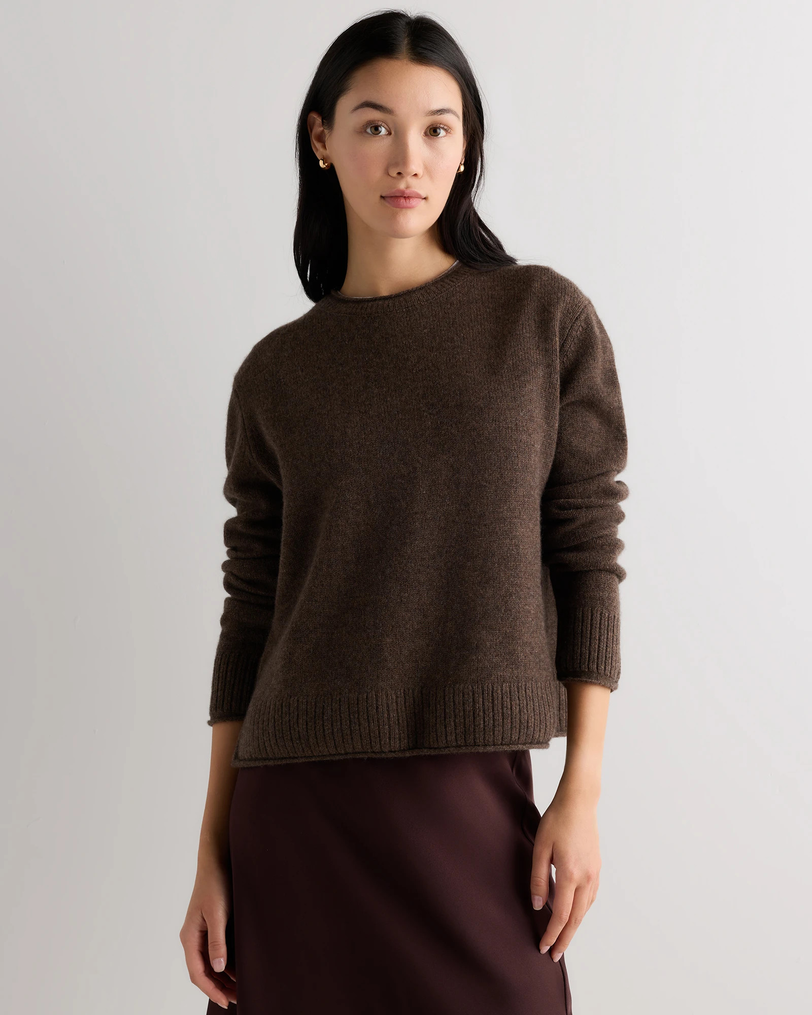 Quince | Women's Mongolian Cashmere Boxy Crewneck Sweater in Faded Denim/Brown/Ivory Variegated Stripe, Size Medium | Quince