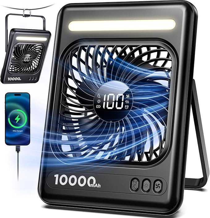 10000mAh Portable Travel Fan, 5 Speeds Strong Wind Cruise Fan with LED Lantern, 24H Runtime Cordl... | Amazon (US)