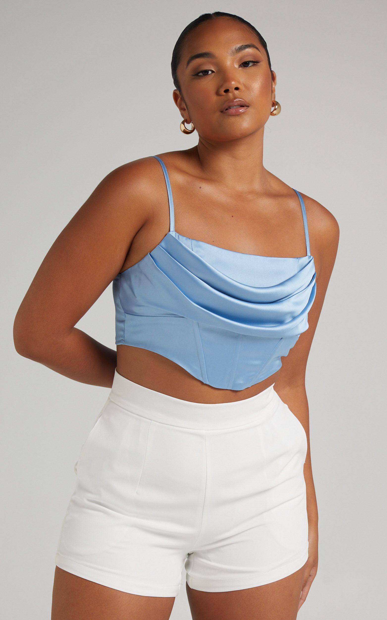 Jadey Cowl Neck Corset Crop Top in Dusty Blue Satin | Showpo | Showpo - deactived