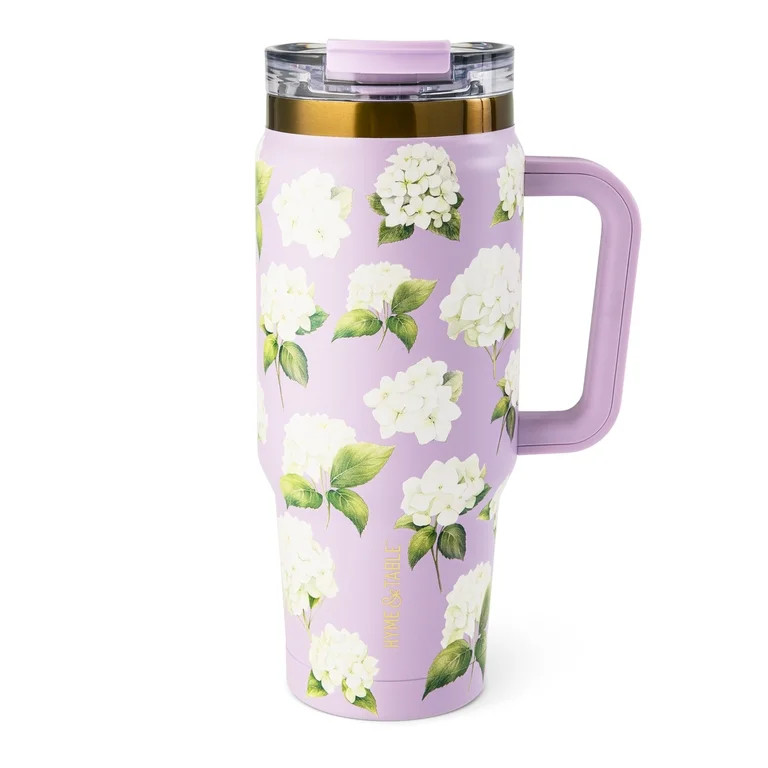 Thyme & Table 32oz Stainless Steel Luna Tumbler with Handle and Dual Straw Lid, White Hydrangeas | Walmart (US)