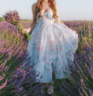 FREE PEOPLE Selkie French Corset Puff MIDI Dress Powder Blue Floral S | eBay US