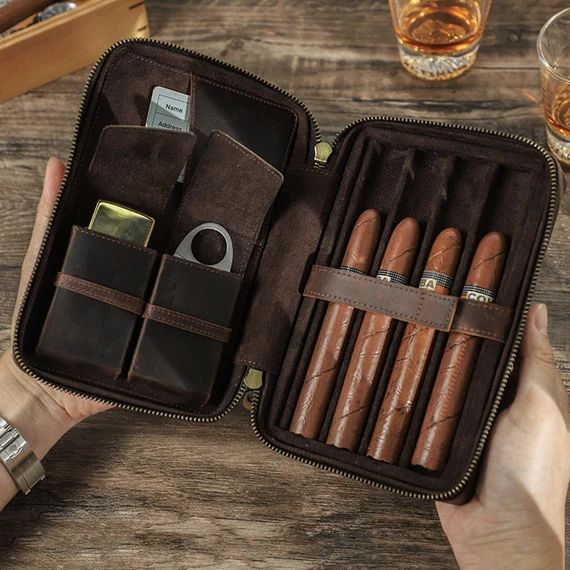Personalized Italian Leather Cigar Case Gift Set, 4-Finger Portable Travel Cigar Case, Holster 4 ... | Etsy (US)