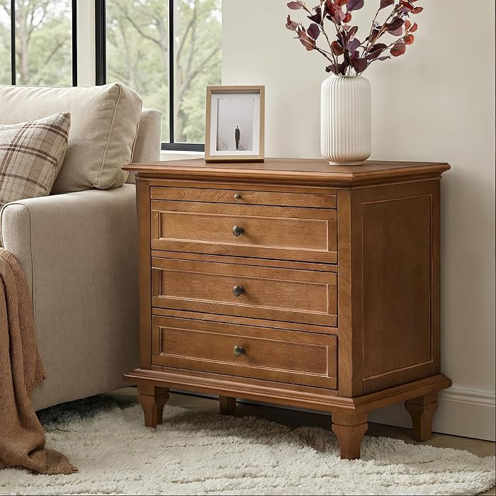 HULALA HOME Farmhouse 3 Drawer End Table with Charging Station, Acorn | Amazon (US)