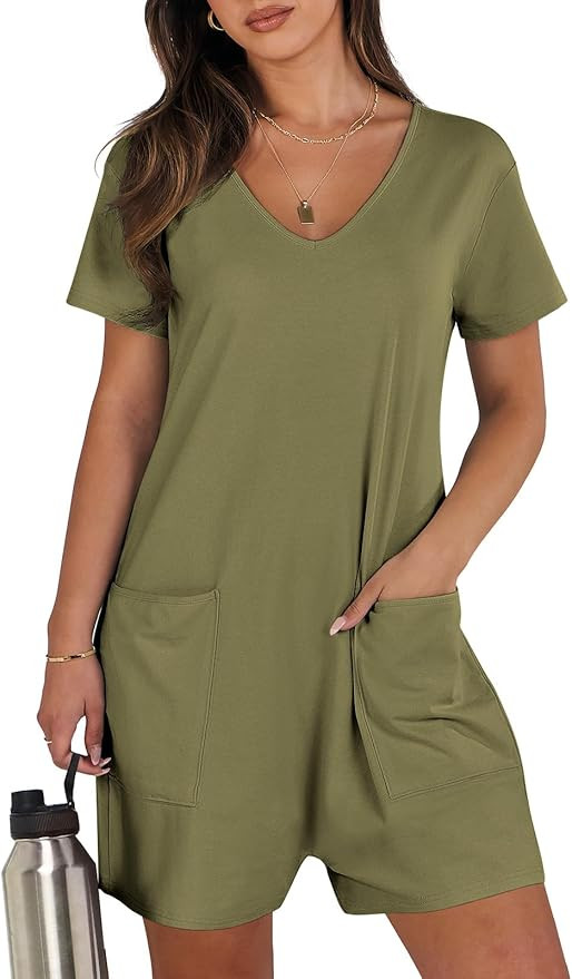 ANRABESS Rompers for Women Summer Casual Short Sleeve Jumpsuits V Neck Loose Fit One Piece Outfit... | Amazon (US)
