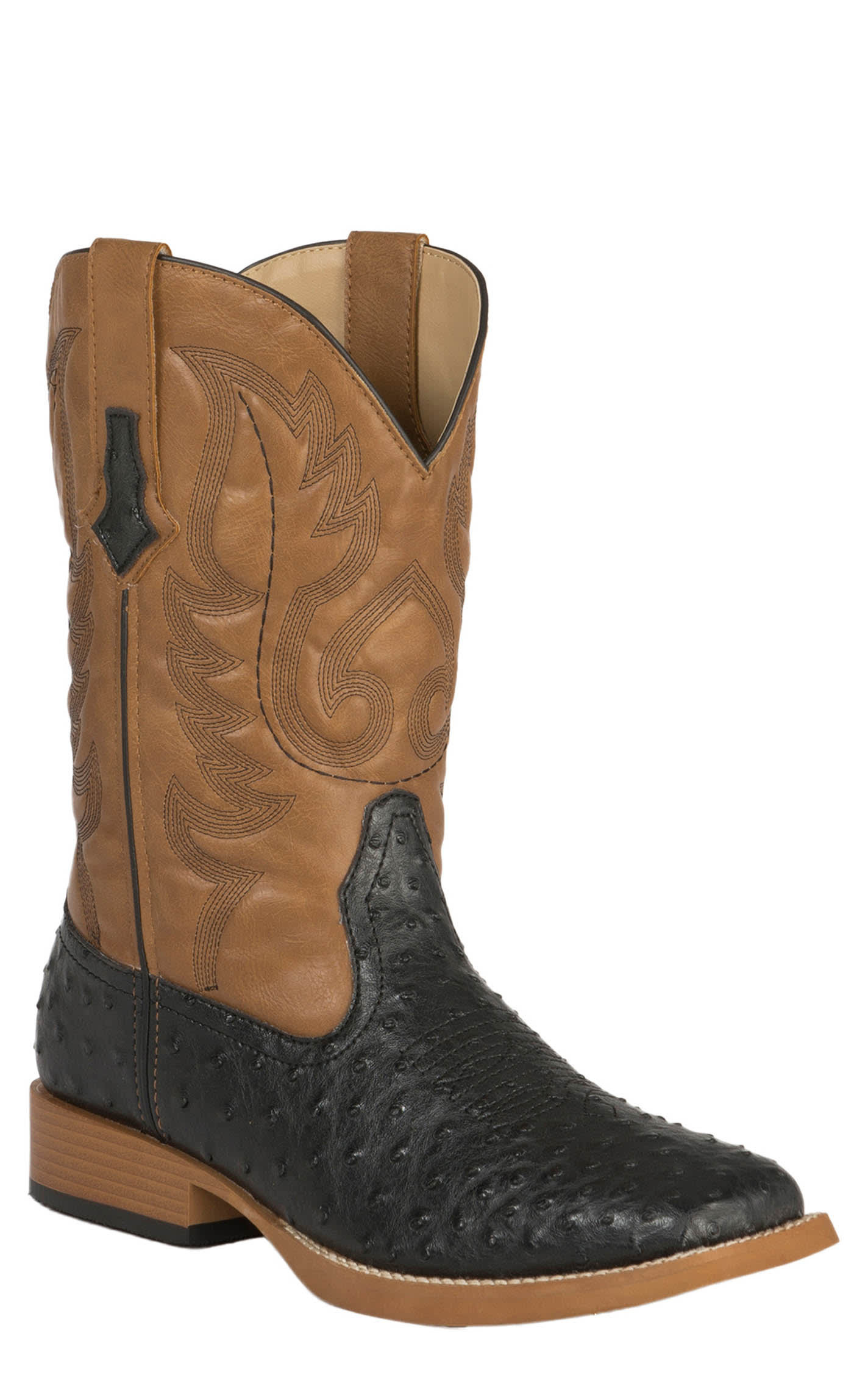 Roper Men's Faux Leather Ostrich Black & Tan Square Toe Cowboy Boots - 11.5xD - From Cavender's | Cavender's
