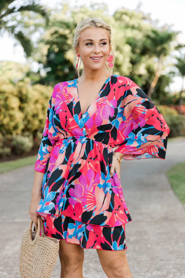 See You Soon Multi Color Tropical Mini Dress | Pink Lily