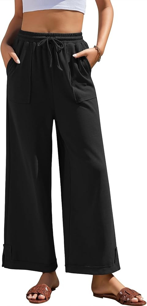 Womens Wide Leg Pants Baggy Palazzo Pants Casual Loose Drawstring Elastic Waisted Lounge Trousers... | Amazon (US)