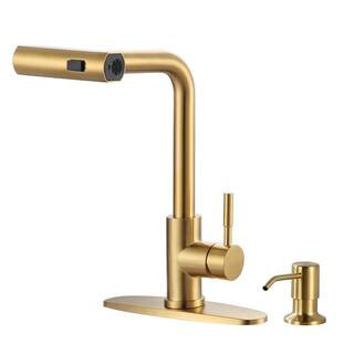3 Modes Single Handle Waterfall Pull Down Sprayer Kitchen Faucet with Soap Dispenser in Gold | The Home Depot
