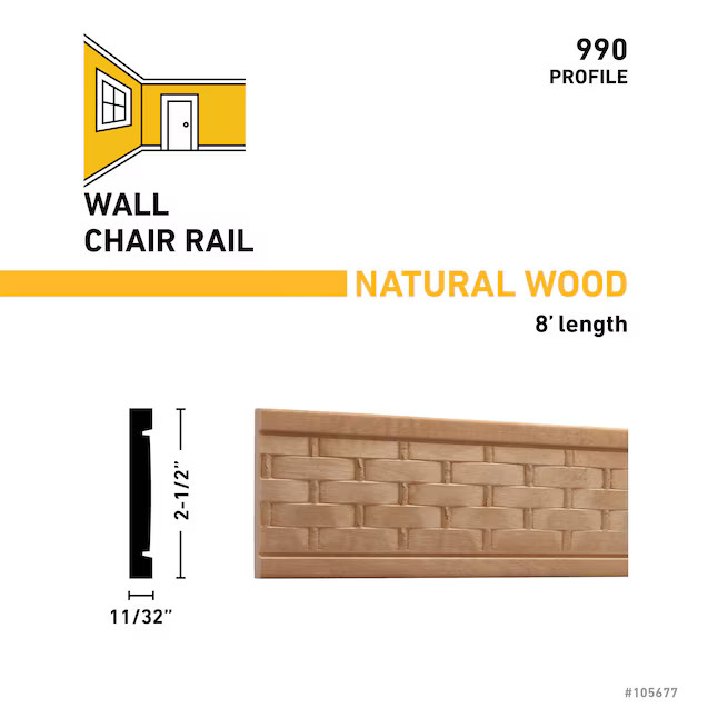 Ornamental Mouldings 11/32-in x 2-1/2-in x 8-ft Unfinished White hardwood 990 Chair Rail Moulding | Lowe's