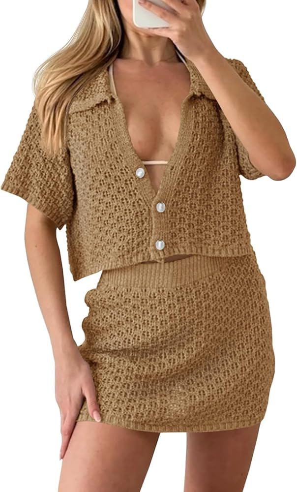 Saodimallsu Women 2 Piece Cover Up Set Crochet Beach Summer Knit Button Short Sleeve Crop Top Min... | Amazon (US)
