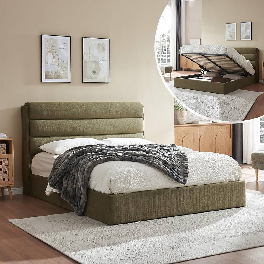 Lift Up Storage Bed Queen Size, Upholstered Platform Bed with Hydraulic System & Wood Slats Suppo... | Amazon (US)