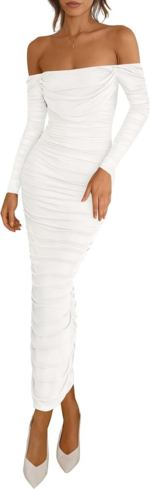 PRETTYGARDEN Womens 2025 Fall Long Sleeve Maxi Dress Off Shoulder Mesh Ruched Bodycon Trendy Long... | Amazon (US)