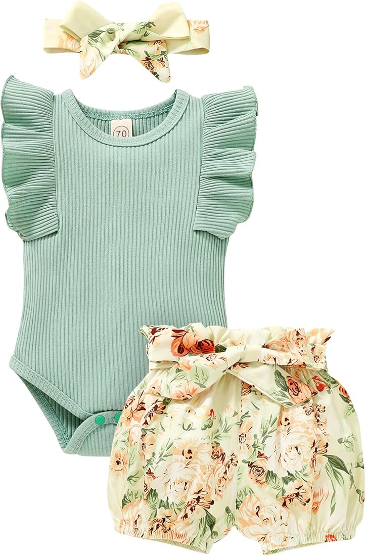 Tiny Cutey Baby Girl Clothes Infant Summer Outfits Set Ruffle Sleeve Romper and Floral Shorts wit... | Amazon (US)