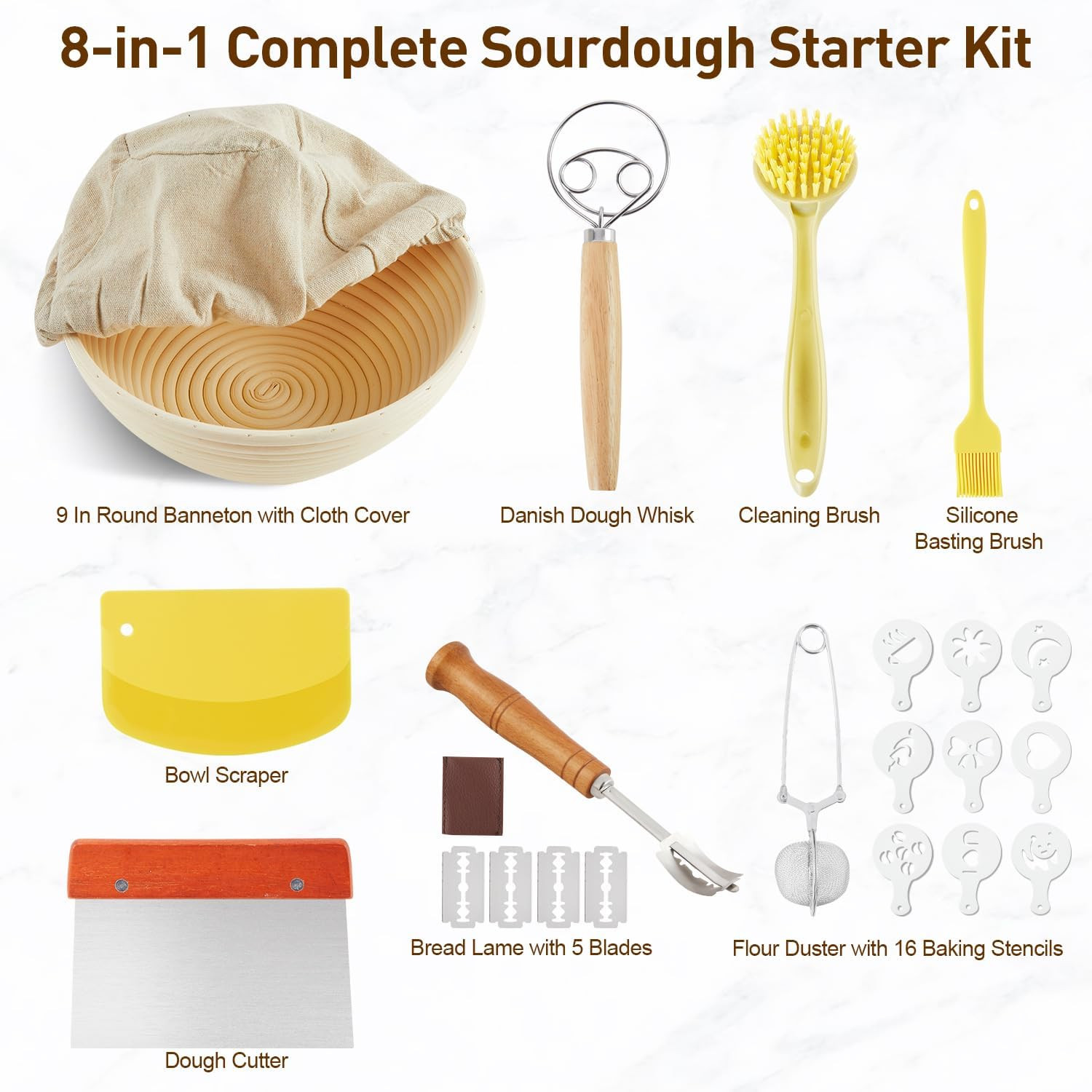 Banneton Bread Proofing Basket, Sourdough Starter Kit, 9" Round Sourdough Bread Baking Supplies w... | Amazon (US)