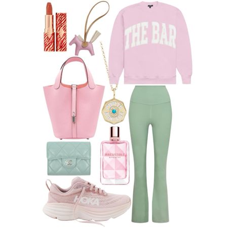 Spring pink and green athleisure lounge outfit - lululemon groove flare leggings in Palm Court (love this shade of green!), the bar pink sweatshirt, pink hoka sneakers, new givenchy perfume is SO amazing and Marlo laz necklace 



#LTKSeasonal #LTKfindsunder100 #LTKstyletip