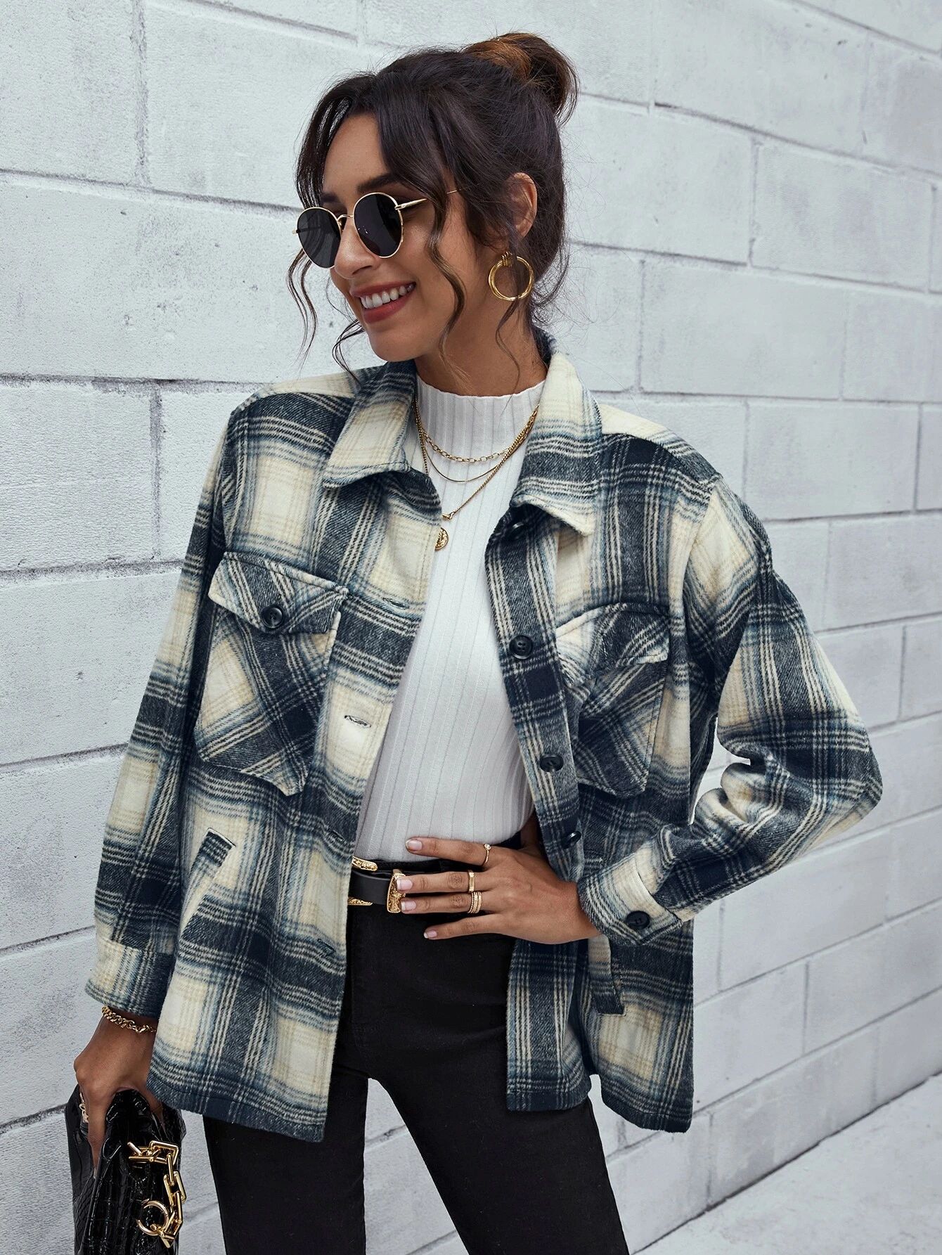 Plaid Flap Pocket Button Up Overcoat | SHEIN