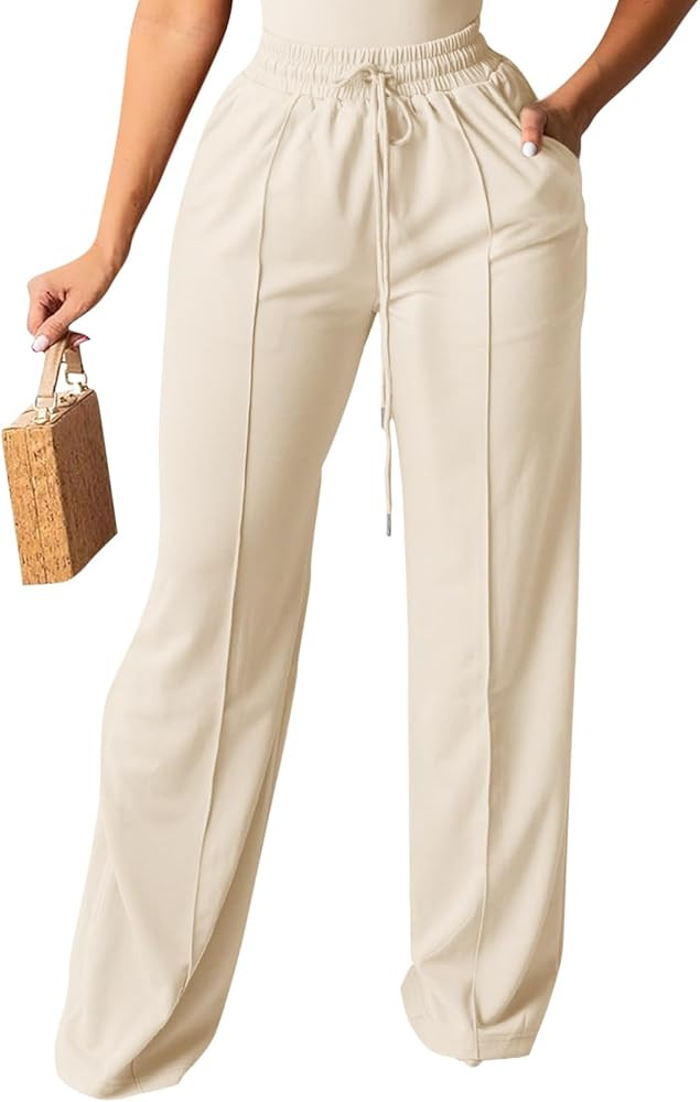 Women's Casual Pants Wide Leg Sweatpants High Waisted Fleece Drawstring Straight Lounge with Pock... | Amazon (US)
